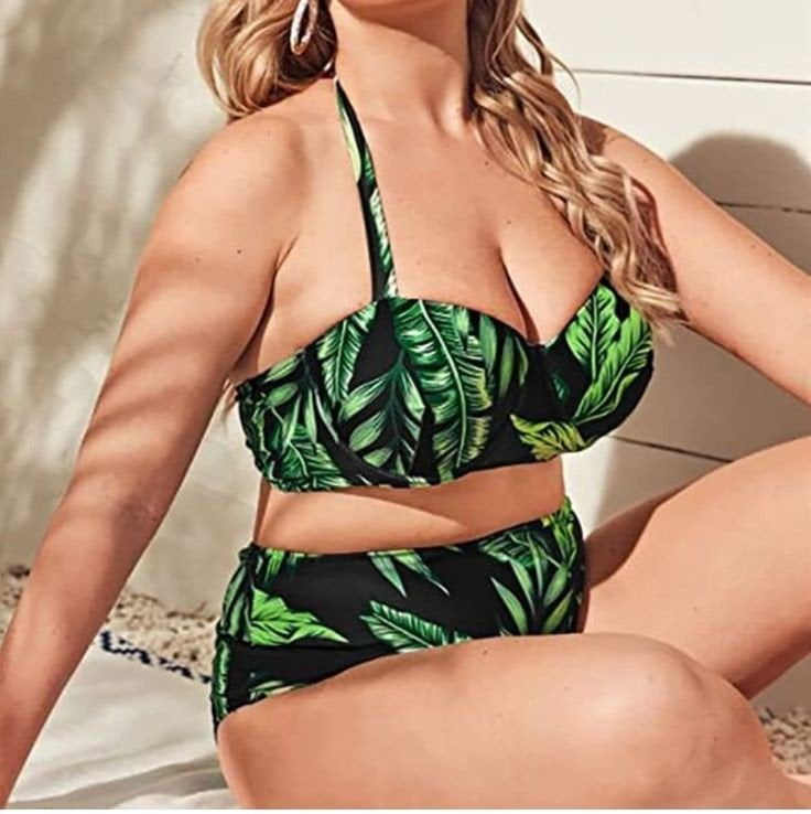 bademode high waist bikini leaf print schwarz