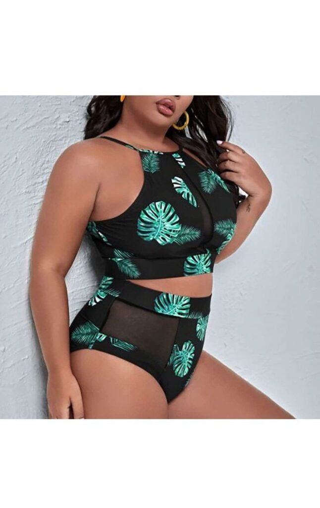 bademode für mollige bikini mesh leave print schwarz grün blatt