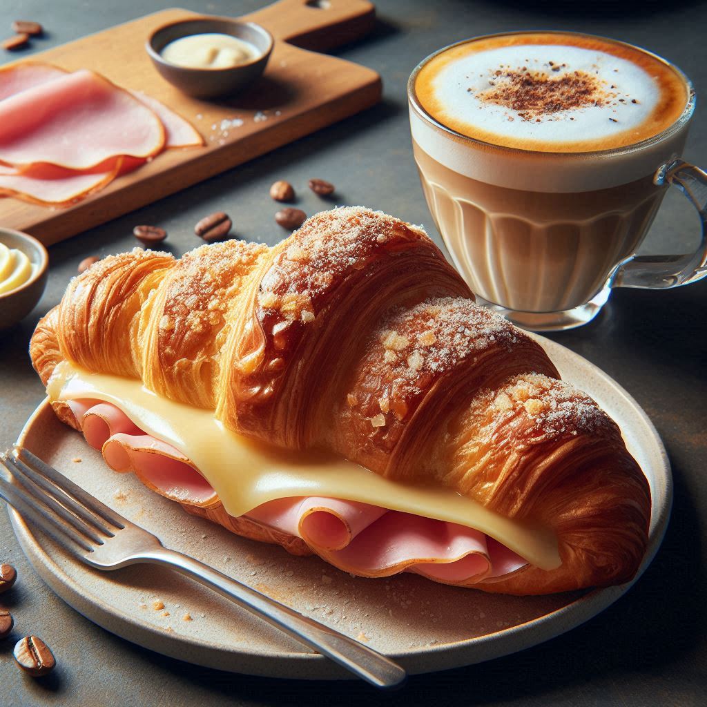käse schinken croissant auf teller mit gabel daneben ein glas mit latte macchiato hinten oben links ein brett mit kochschinken und sauce
