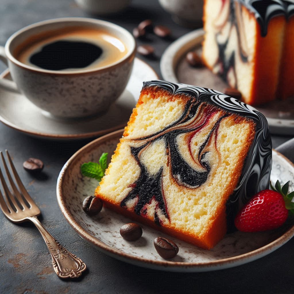 marmorkuchen rezept mit kaffeeglasur ein stück kuchen daneben eine tasse mit schwarzem kaffee