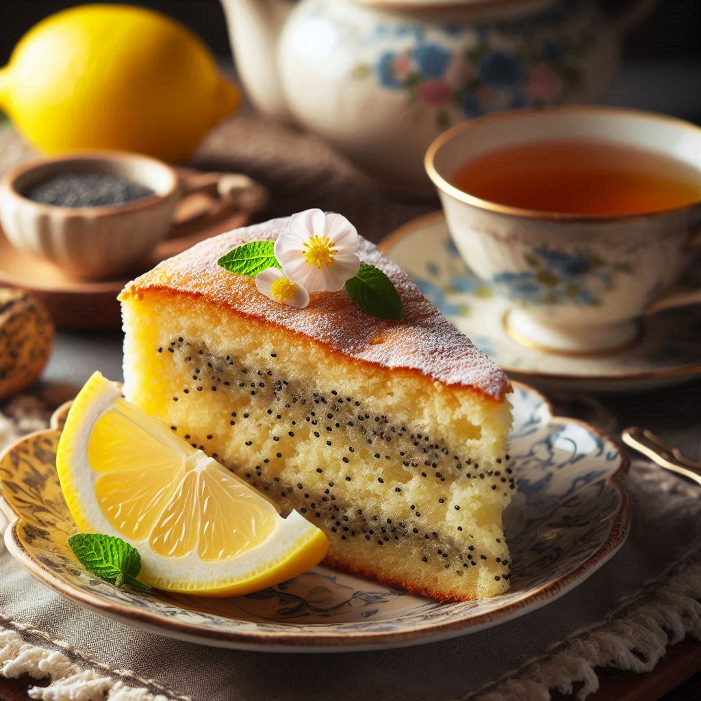 zitronen mohn kuchen stück auf dem teller mit einem Stück Zitrone daneben eine tasse tee mit blumenmotiv in blau auf weiß