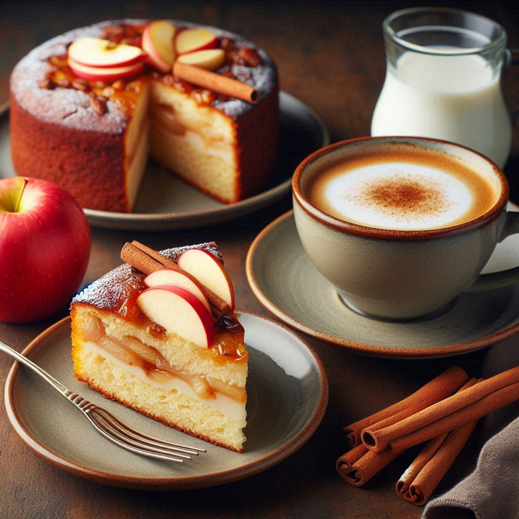 apfelkuchen stück mit äpfeln auf dem kuchen daneben ein glas milch und eine tasse kaffee mit milchschaum