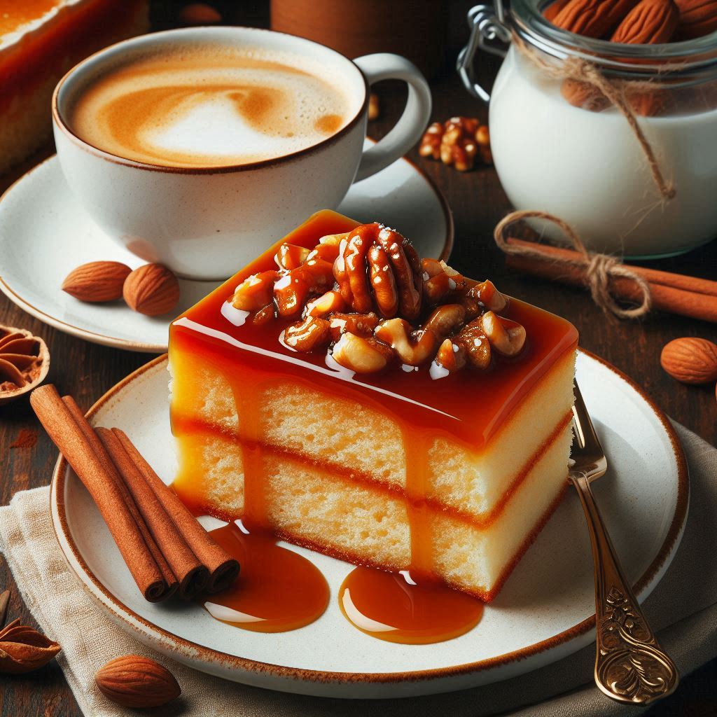 nusskuchen mit karamelltopping auf einem teller kuchenstück daneben liegt eine zimtrinde oben eine tasse kaffee mit milchschaum