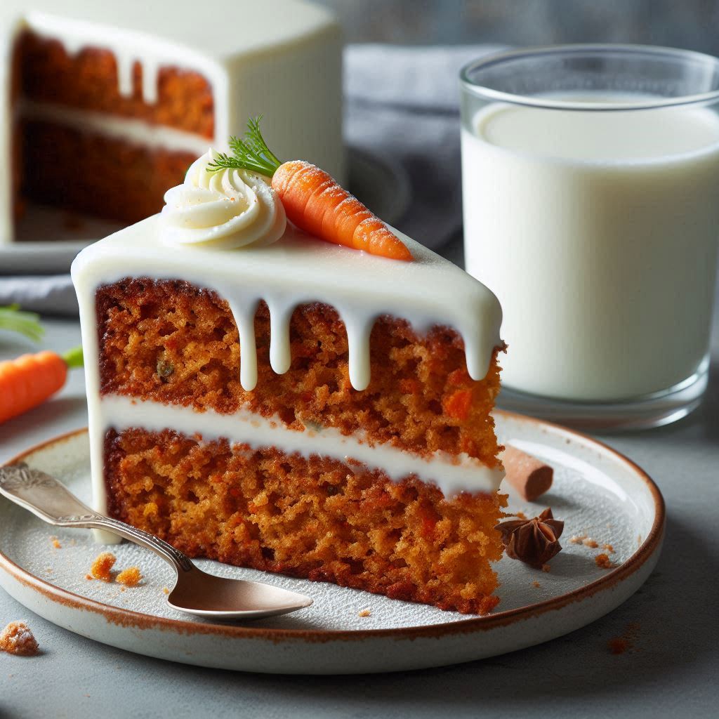 karottenkuchen stück auf einem teller neben einem glas mit milch kuchen rezept