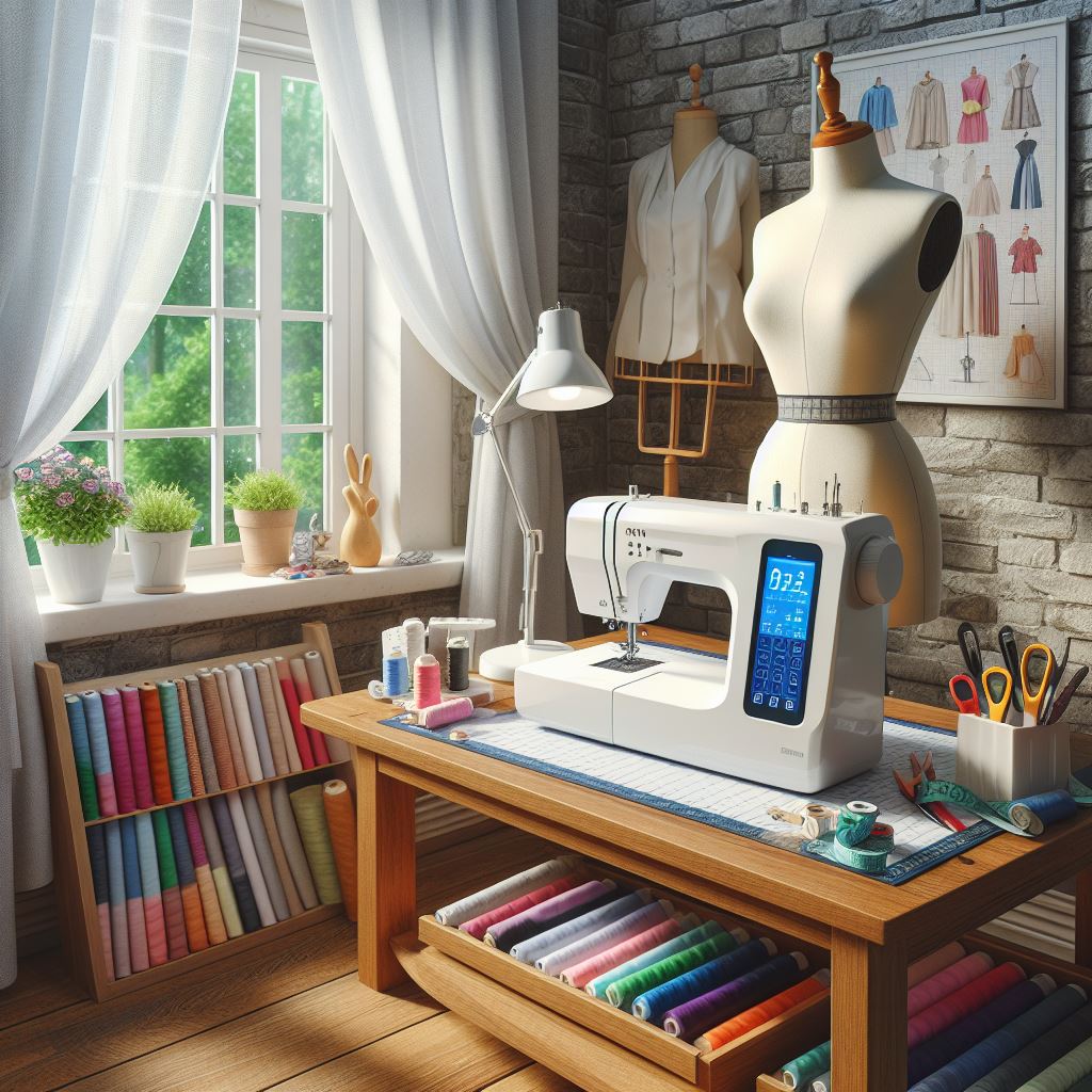 nähzimmer mit computer nähmaschine nah am fenster mit schneiderpuppe und material