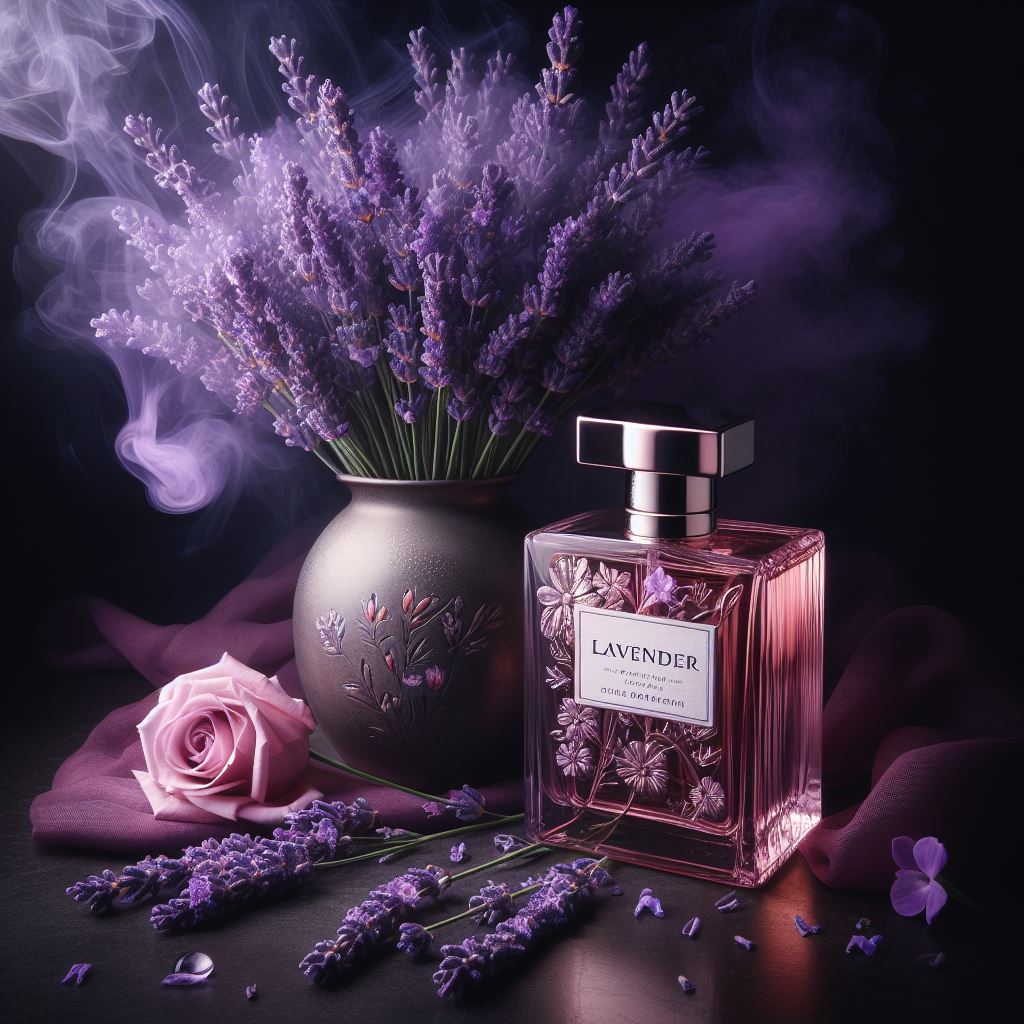 duft mit lavendel lavendel in vase neben parfümflasche