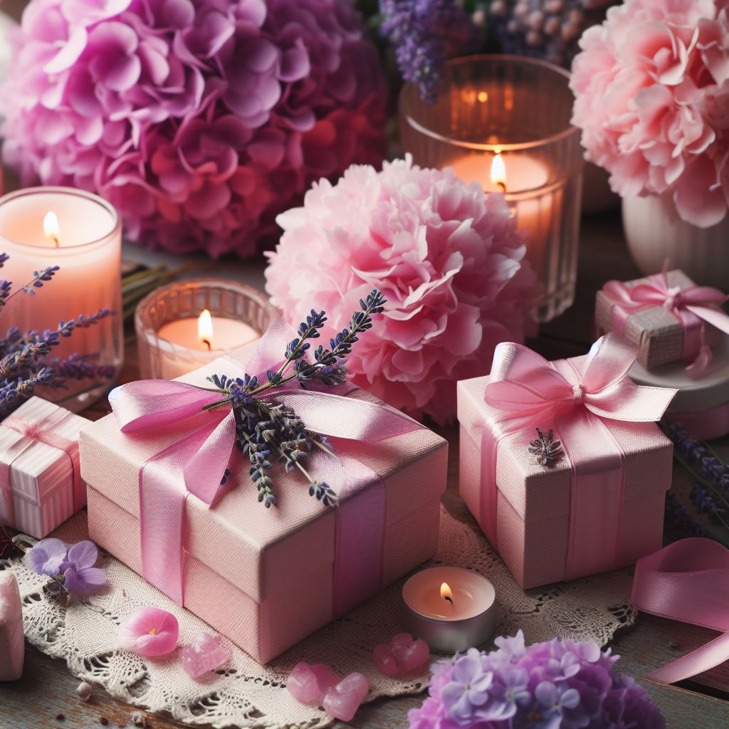 muttertag geschenkideen parfum düfte geschenkverpackung mit kerzen und blumen