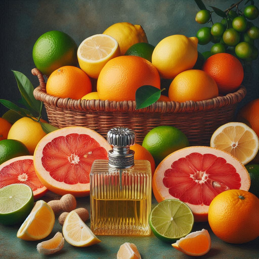 parfum mit limette bergamotte grapefruit mandarine zitrone ein flakon in der mitte